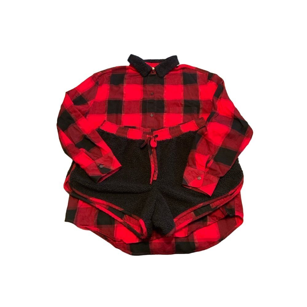 Victoria Secret Red Plaid Top with Fleece Shorts, Set, size Medium
